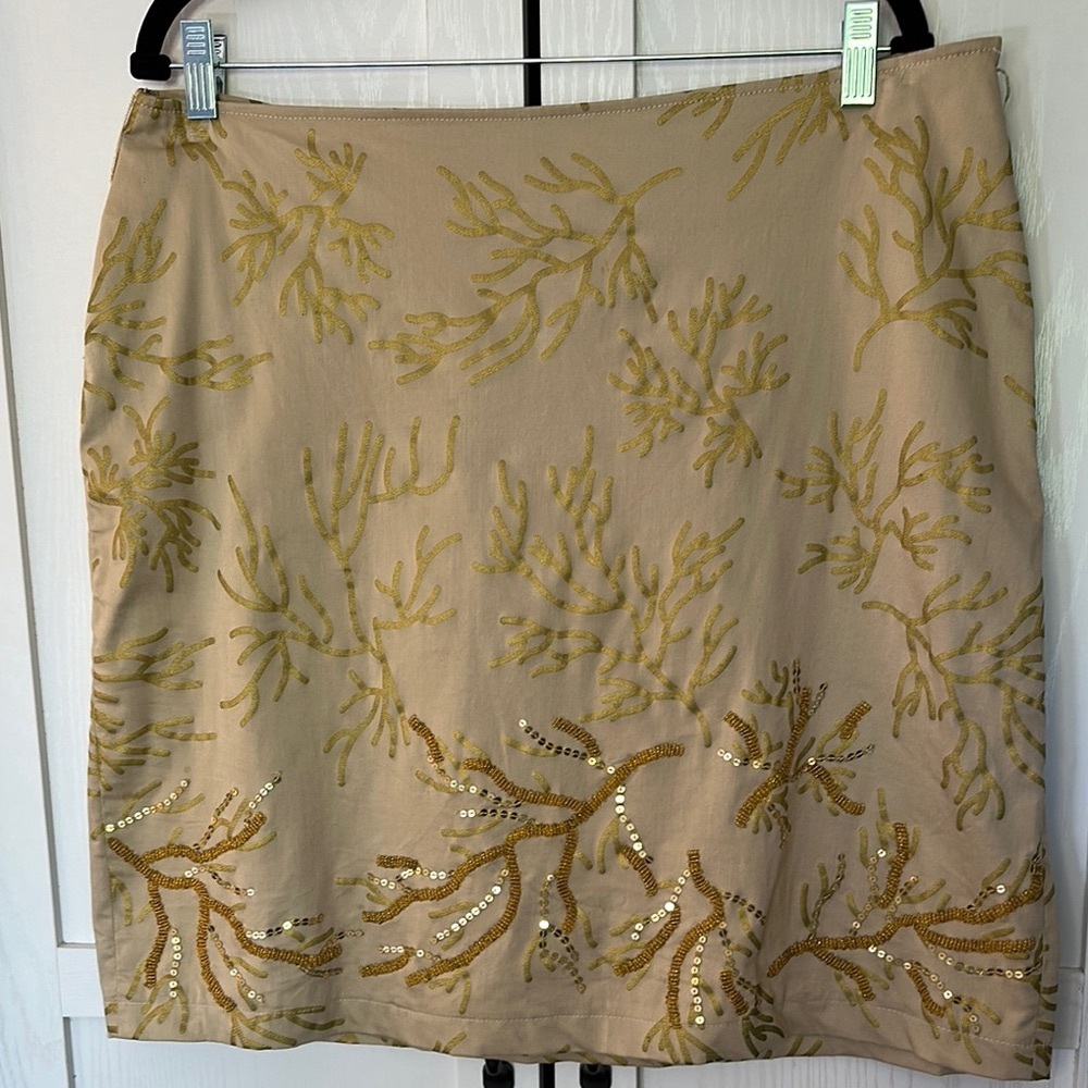 Vintage Haven Bleu Tan Skirt with Gold Coral‎ Branches w/ Gold Sequins and Beads